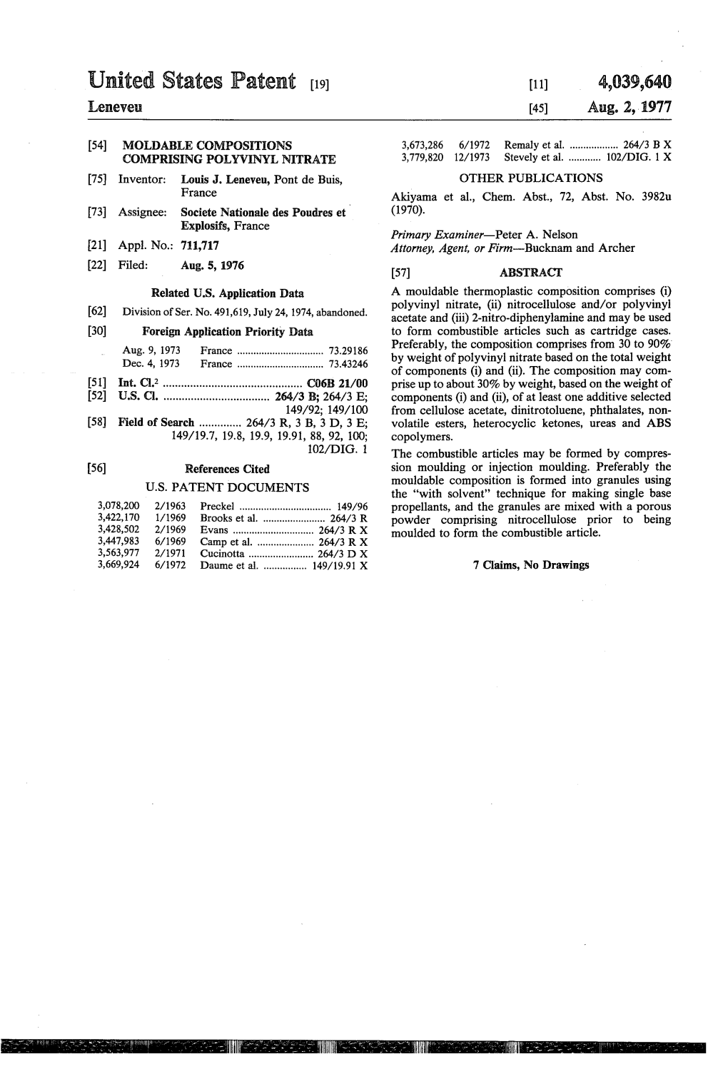 United States Patent (19) 11) 4,039,640 Leneve: 45) Aug