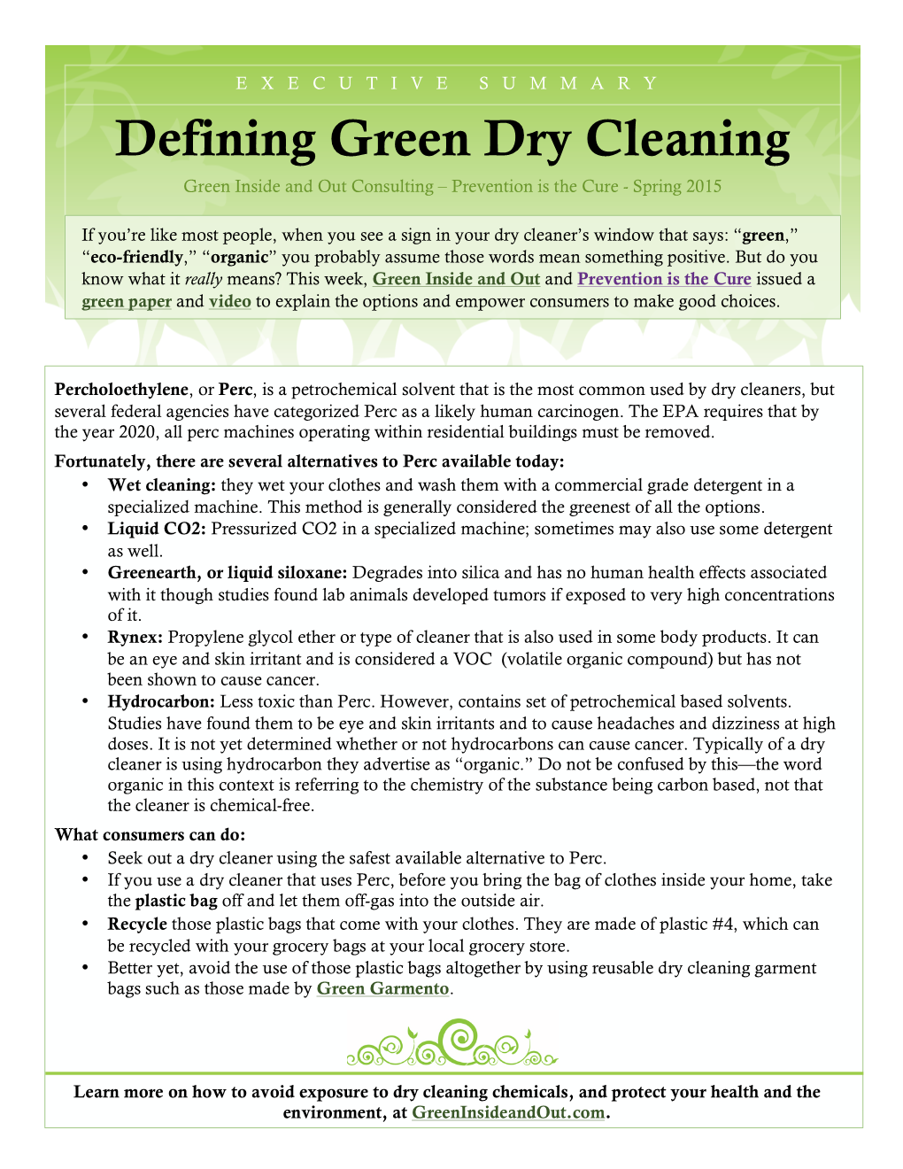 Defining Green Dry Cleaning Green Inside and out Consulting – Prevention Is the Cure - Spring 2015