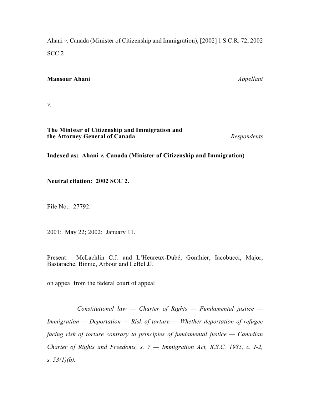 Ahani V. Canada (Minister of Citizenship and Immigration), [2002] 1 S.C.R