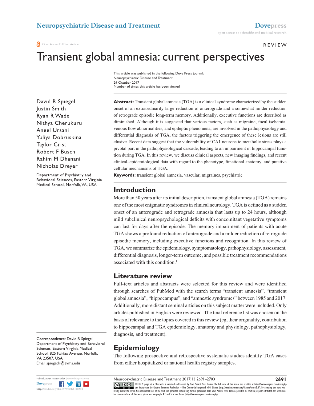 Transient Global Amnesia: Current Perspectives