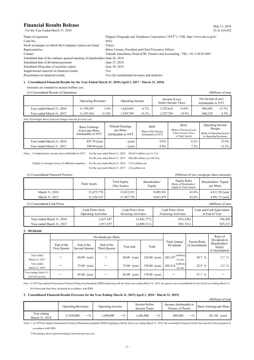 Financial Results Release May 11, 2018 for the Year Ended March 31, 2018 [U.S