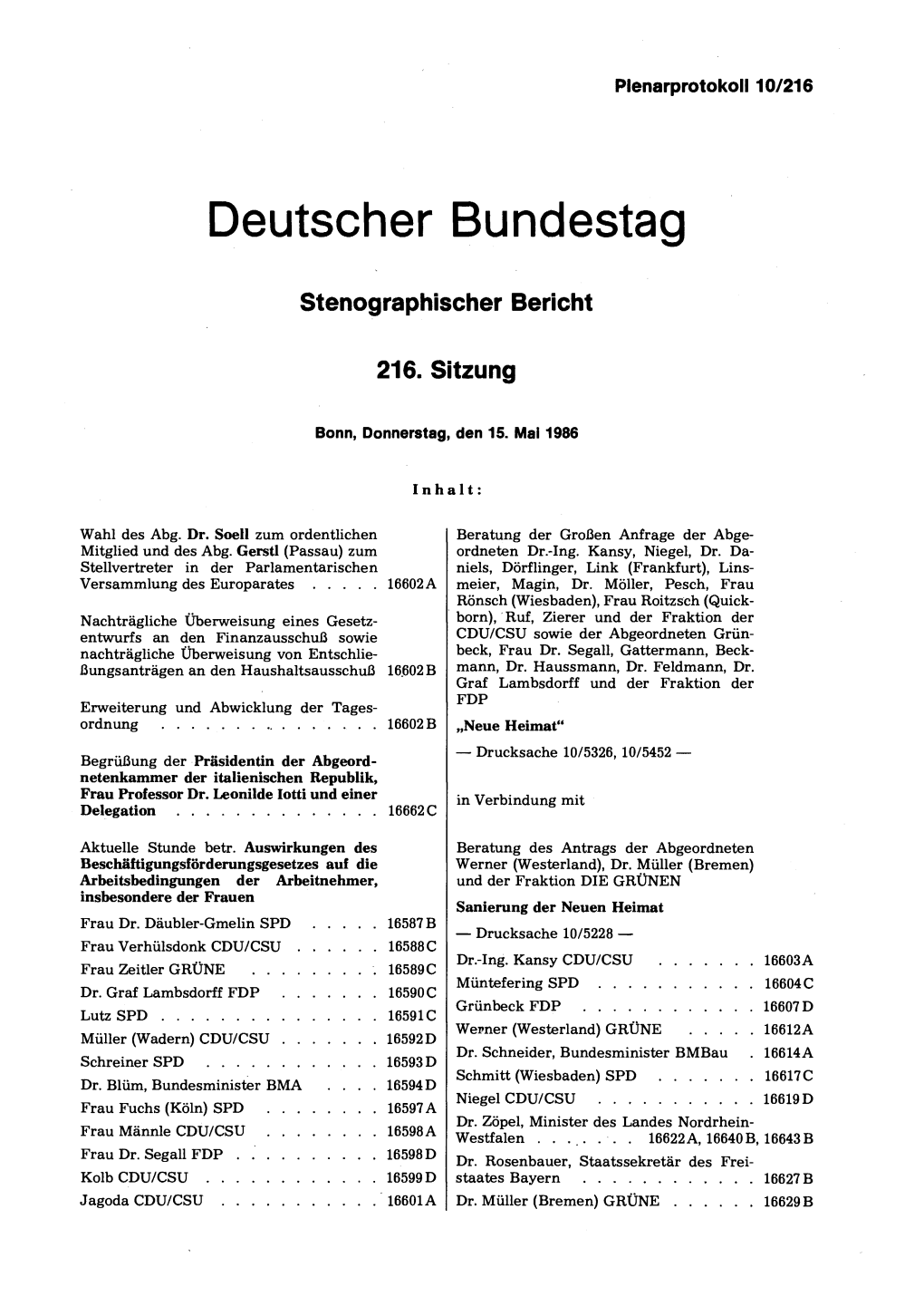 Stenographischer Bericht 216. Sitzung