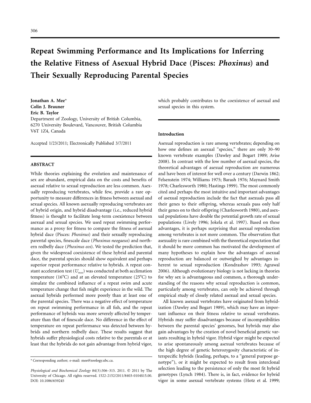 Repeat Swimming Performance and Its Implications For