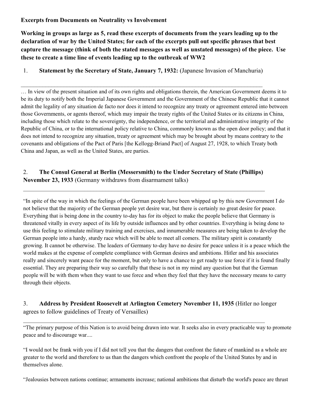 Excerpts from Documents on Neutrality Vs Involvement Working in Groups As Large As 5, Read These Excerpts of Documents From