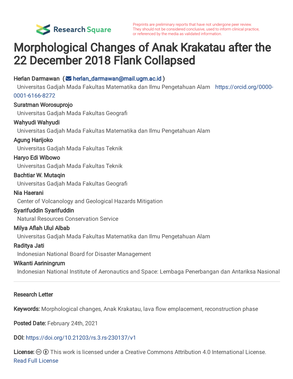 Morphological Changes of Anak Krakatau After the 22 December 2018 Flank Collapsed