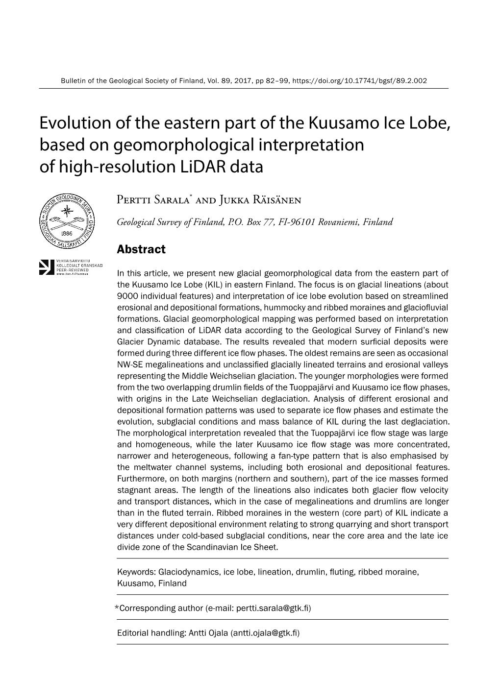 Evolution of the Eastern Part of the Kuusamo Ice Lobe, Based on Geomorphological Interpretation of High-Resolution Lidar Data
