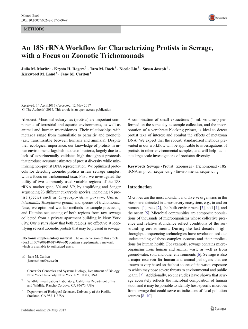 An 18S Rrna Workflow for Characterizing Protists in Sewage, with a Focus on Zoonotic Trichomonads