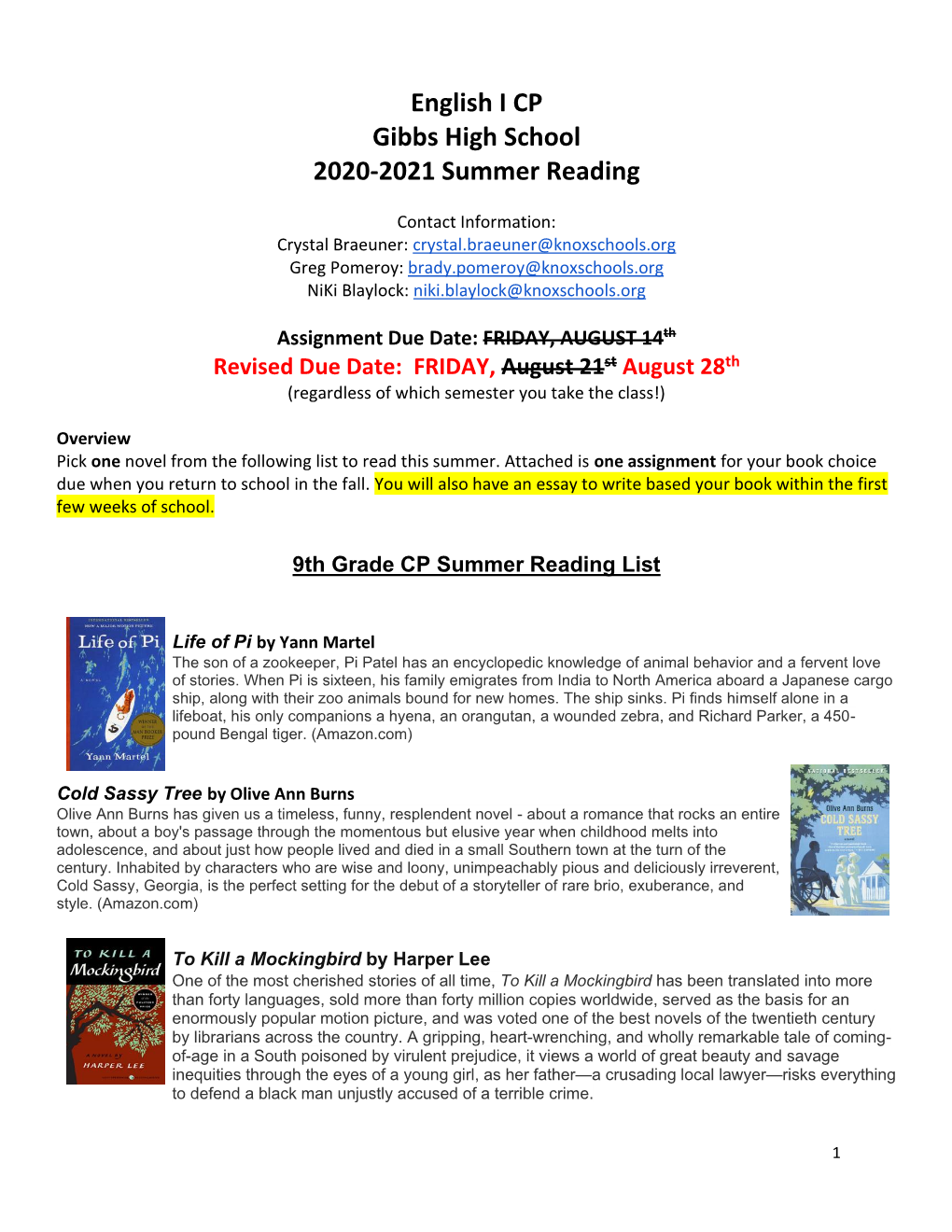 English I CP Gibbs High School 2020-2021 Summer Reading