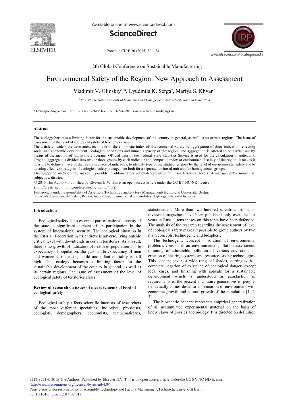 Environmental Safety of the Region: New Approach to Assessment