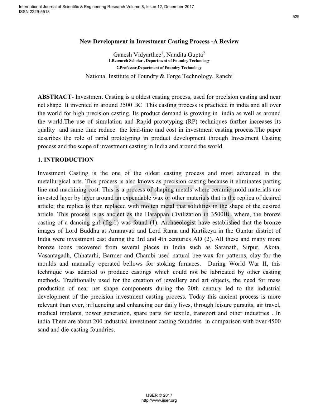 New Development in Investment Casting Process -A Review