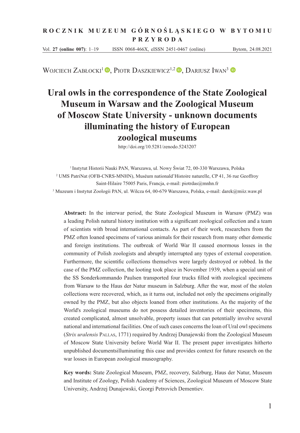 Ural Owls in the Correspondence of the State Zoological Museum In