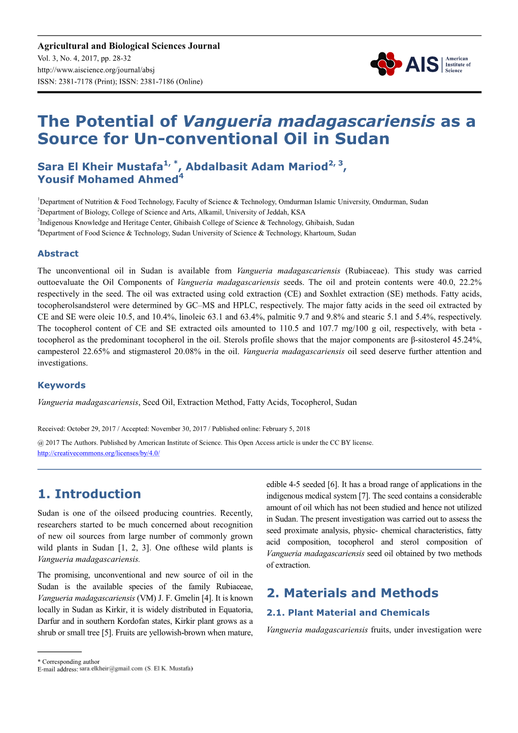 The Potential of Vangueria Madagascariensis As a Source for Un-Conventional Oil in Sudan