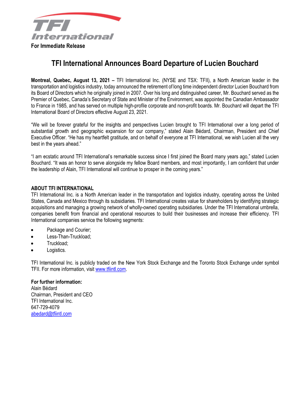 TFI International Announces Board Departure of Lucien Bouchard