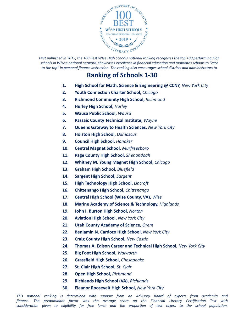 Ranking of Schools 1-30 1