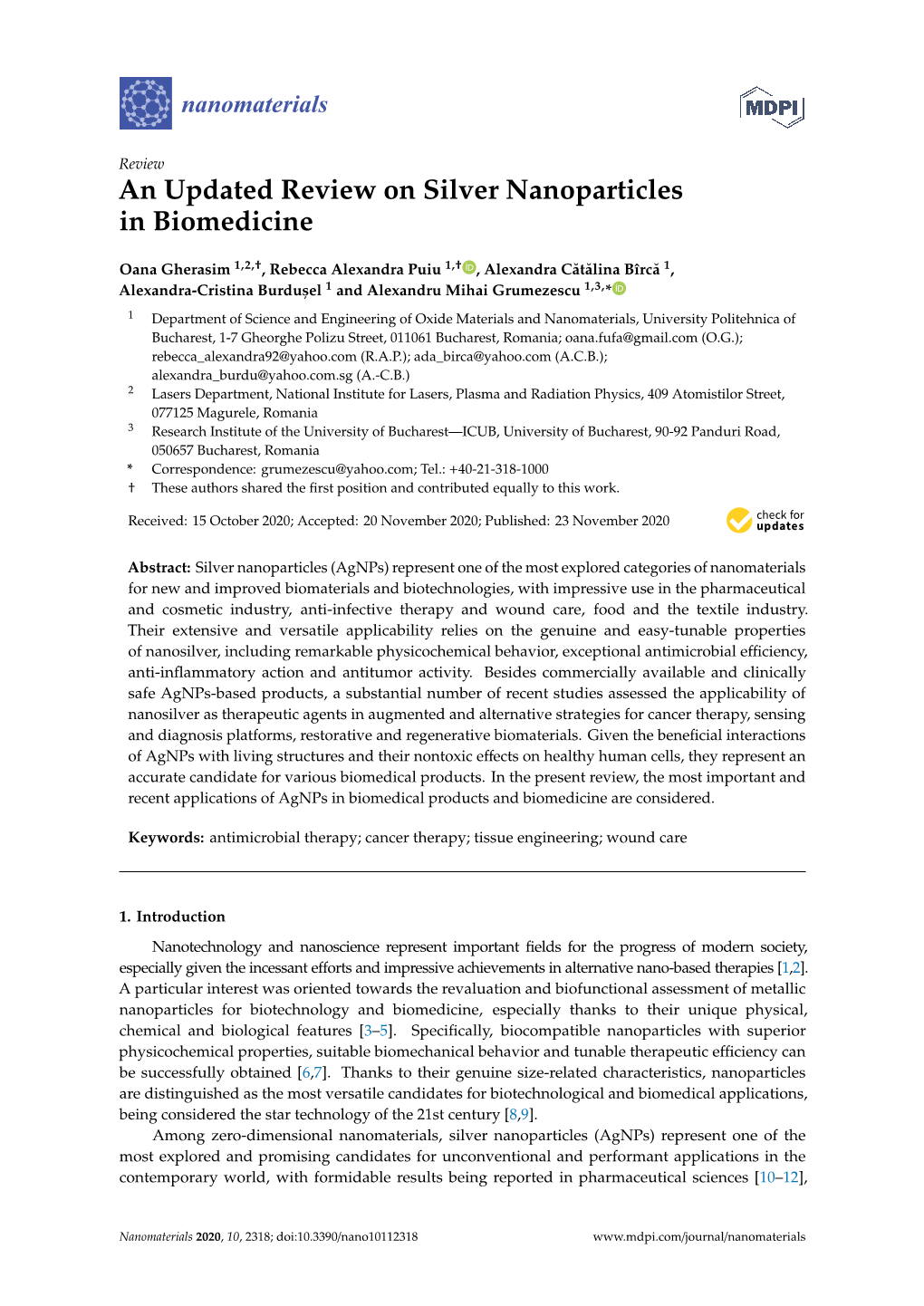An Updated Review on Silver Nanoparticles in Biomedicine