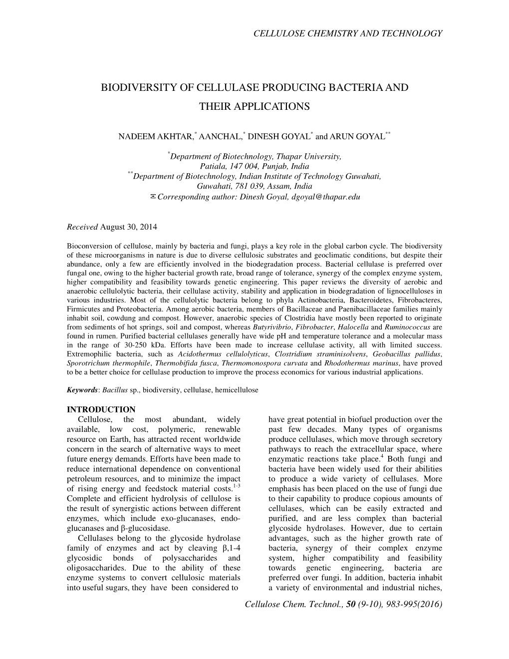 Biodiversity of Cellulase Producing Bacteria and Their Applications