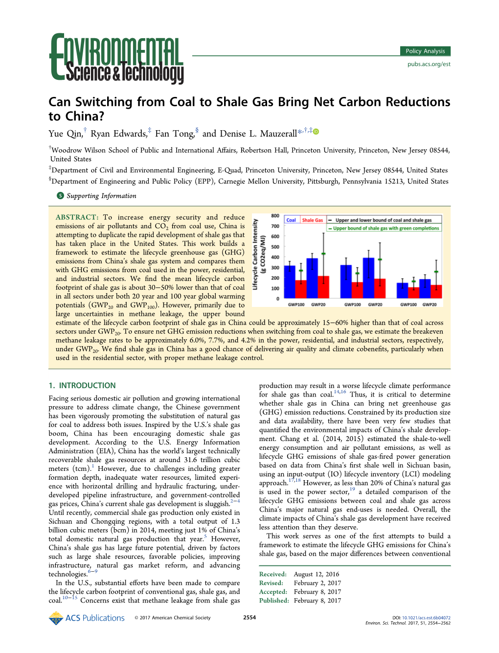 Can Switching from Coal to Shale Gas Bring Net Carbon Reductions to China? † ‡ § † ‡ Yue Qin, Ryan Edwards, Fan Tong, and Denise L