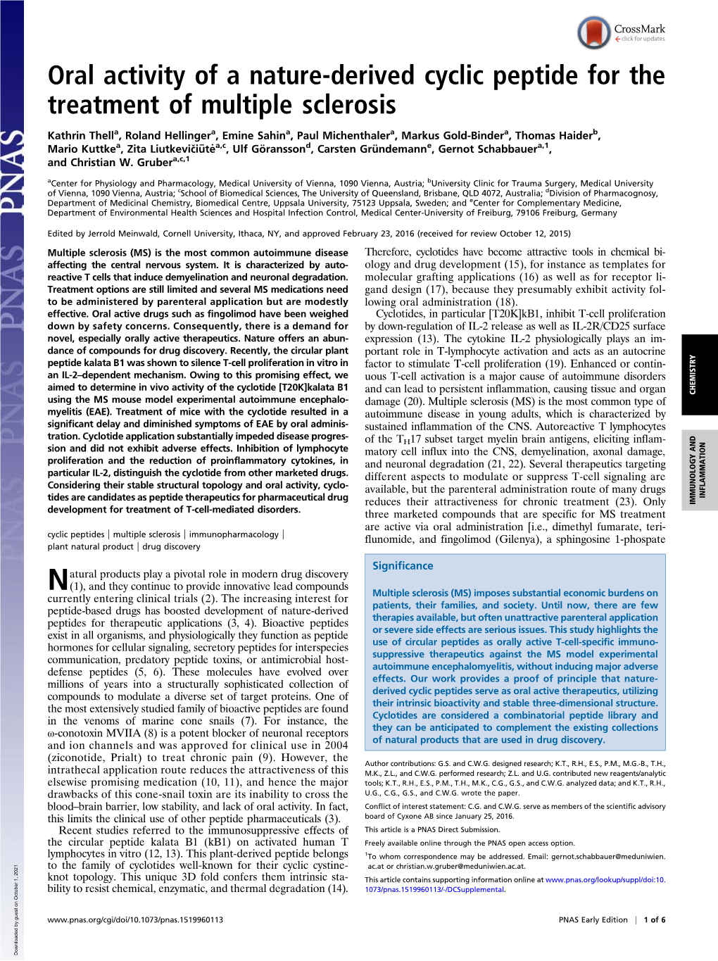 Oral Activity of a Nature-Derived Cyclic Peptide for the Treatment of Multiple Sclerosis