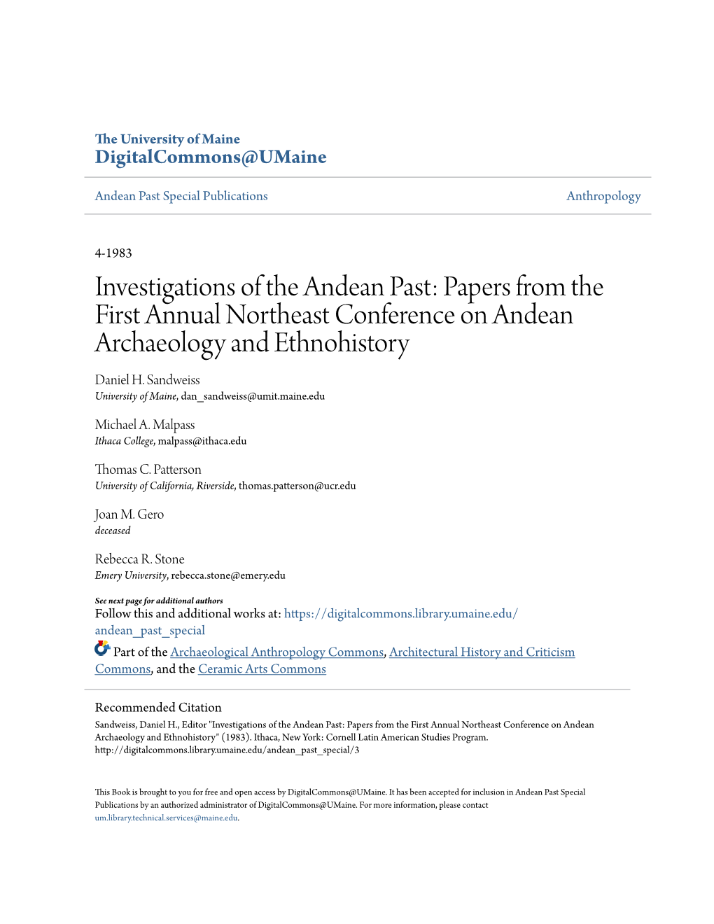 Investigations of the Andean Past: Papers from the First Annual Northeast Conference on Andean Archaeology and Ethnohistory Daniel H