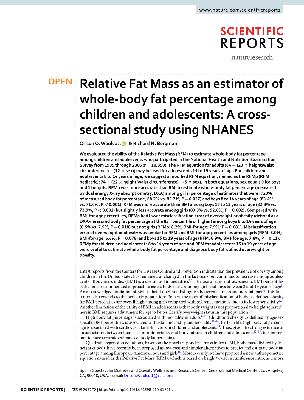 Relative Fat Mass As an Estimator of Whole-Body Fat Percentage Among Children and Adolescents: a Cross- Sectional Study Using NHANES Orison O