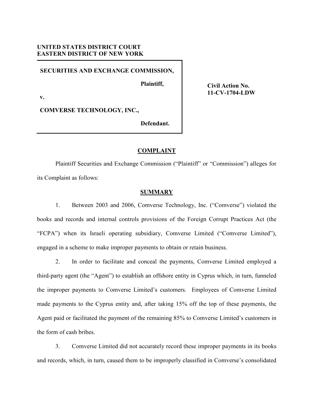 SEC Complaint: Comverse Technology, Inc