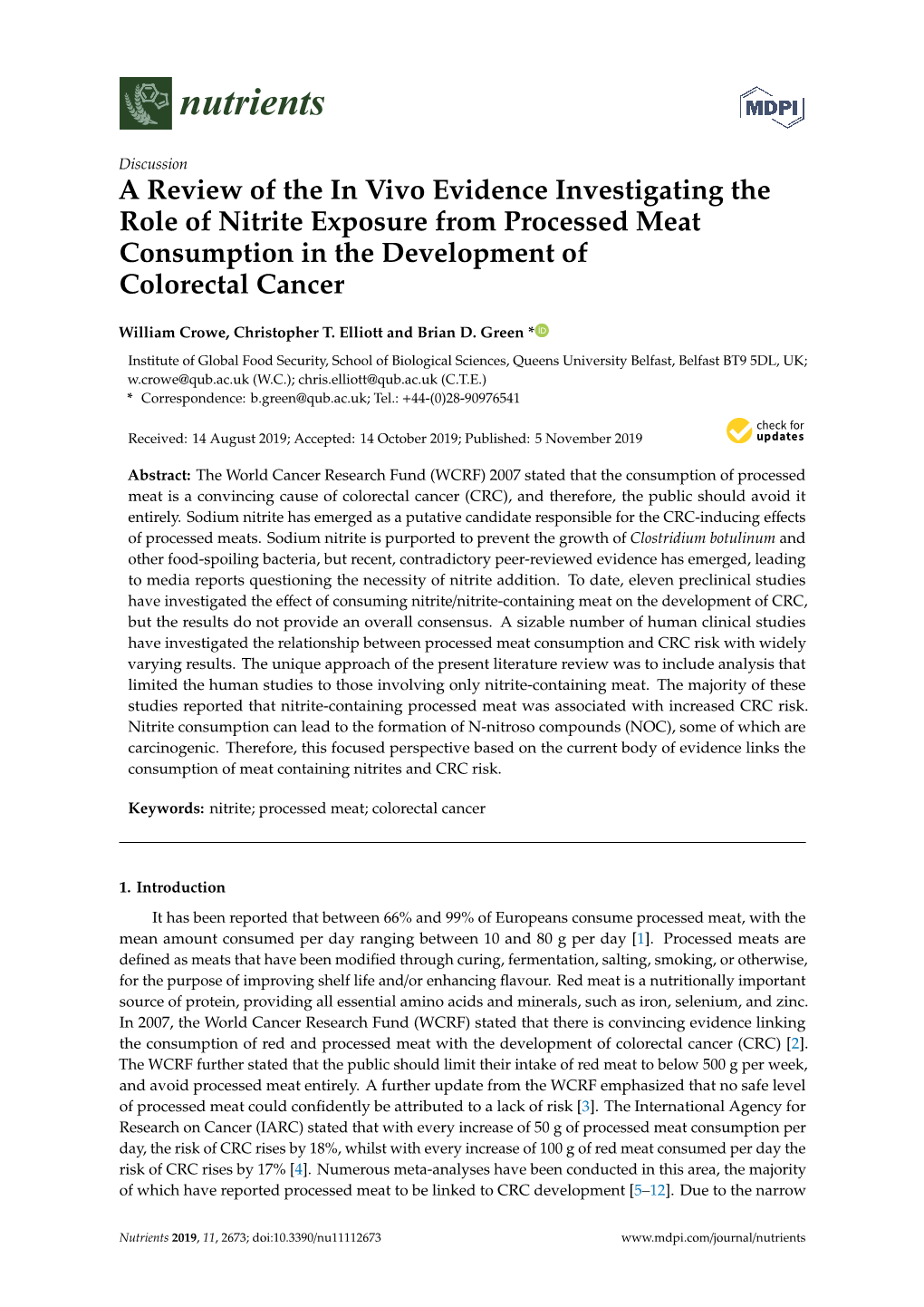 A Review of the in Vivo Evidence Investigating the Role of Nitrite Exposure from Processed Meat Consumption in the Development of Colorectal Cancer