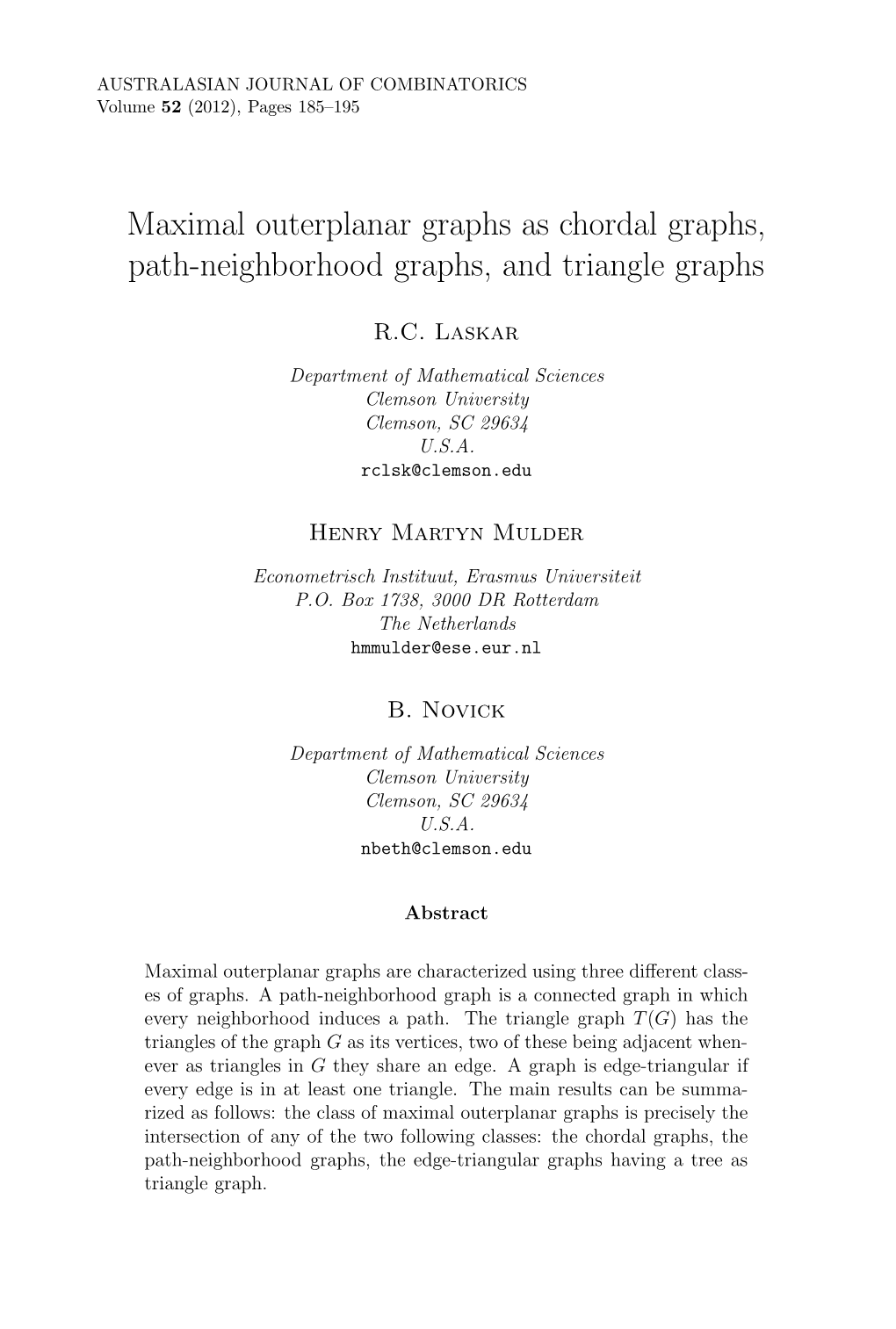 Maximal Outerplanar Graphs As Chordal Graphs, Path-Neighborhood Graphs, and Triangle Graphs