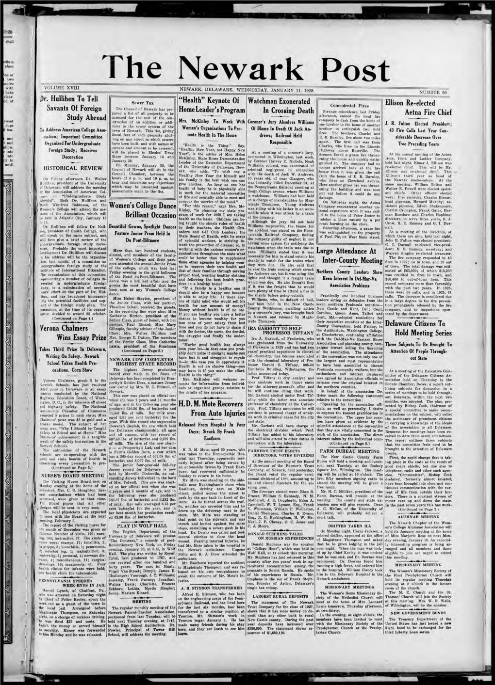 The Newark Post VOLUME XVIII NEWARK, Delt\WARE, WEDNESDAY JANUARY 11 1928 NUMBER 50 J)R