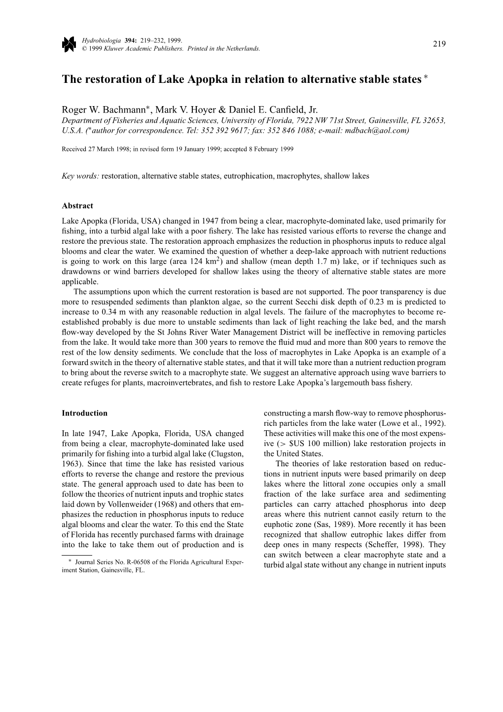 The Restoration of Lake Apopka in Relation to Alternative Stable States ∗