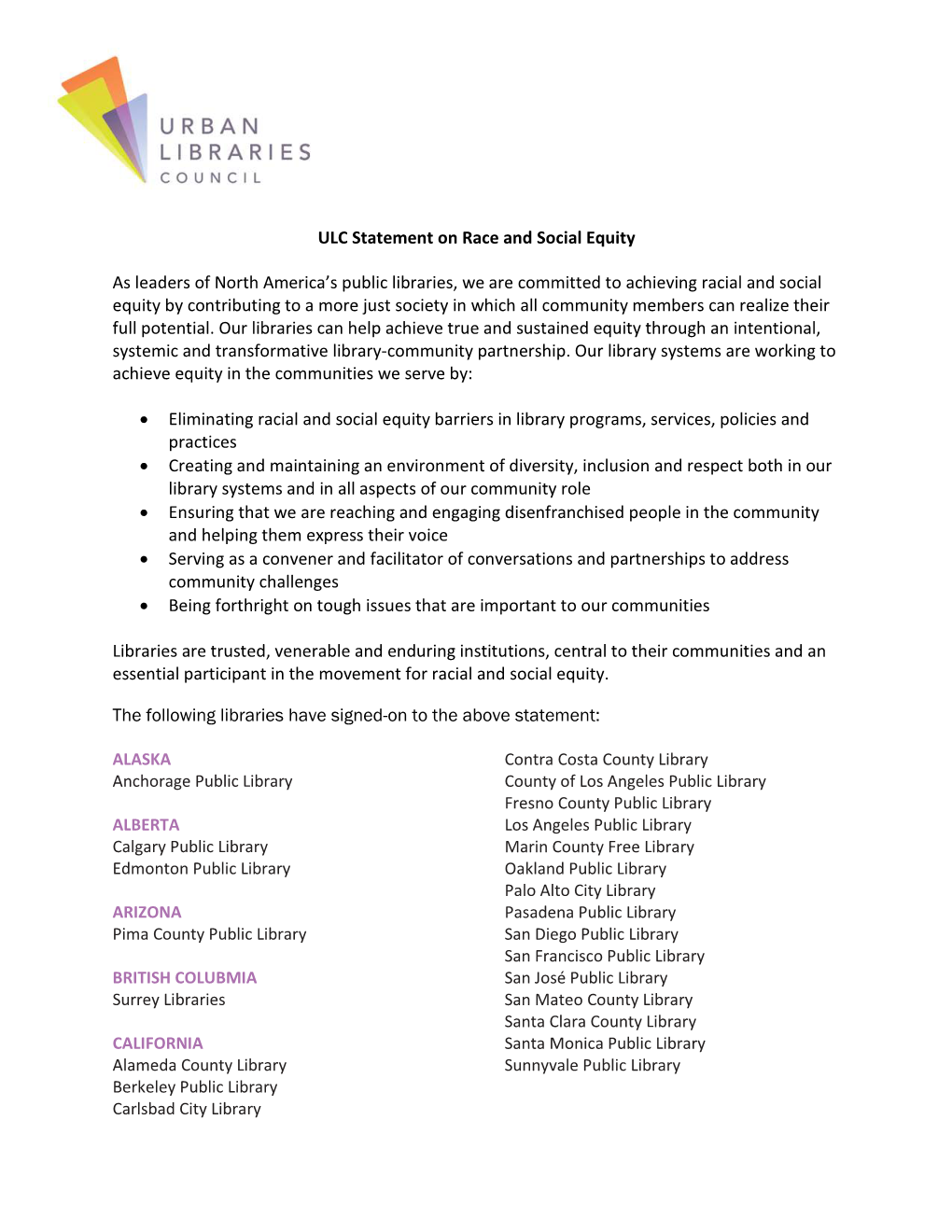 Urban Libraries Council Statement on Race and Social Equity