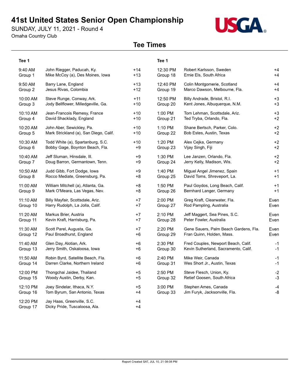 41St United States Senior Open Championship SUNDAY, JULY 11, 2021 - Round 4 Omaha Country Club Tee Times