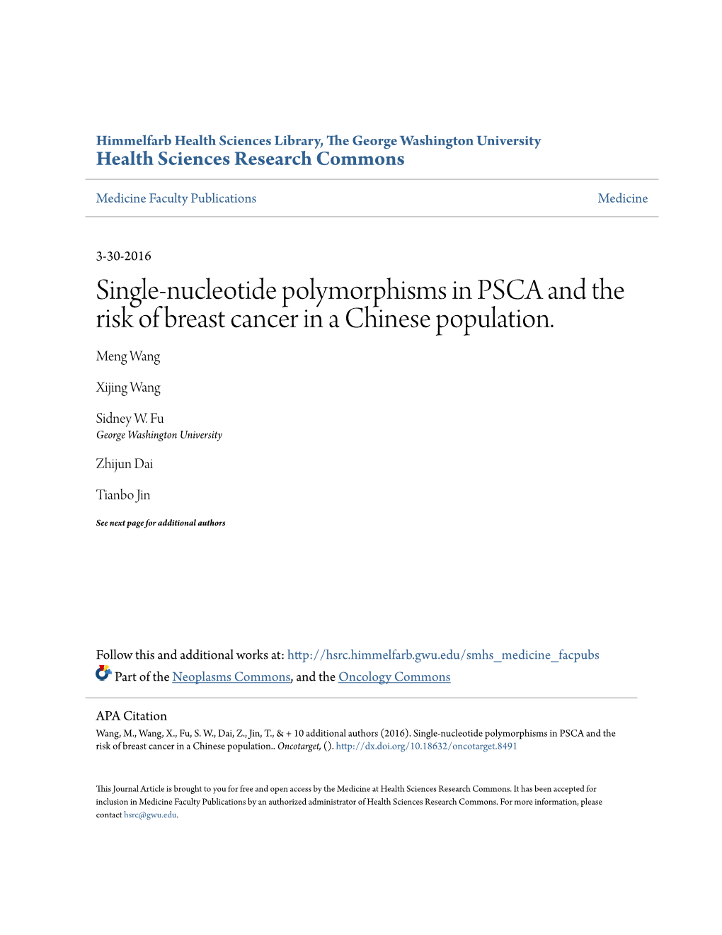 Single-Nucleotide Polymorphisms in PSCA and the Risk of Breast Cancer in a Chinese Population