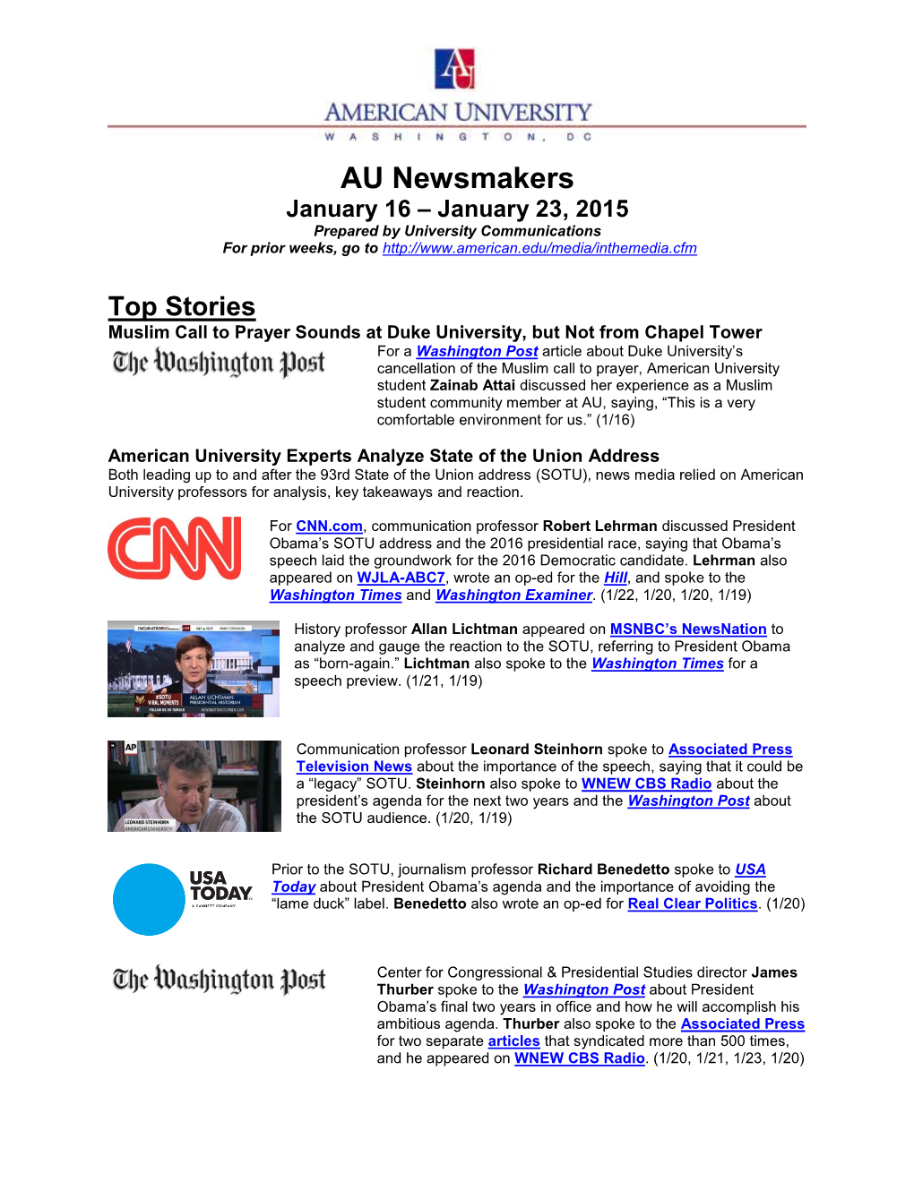 AU Newsmakers January 16 – January 23, 2015 Prepared by University Communications for Prior Weeks, Go To