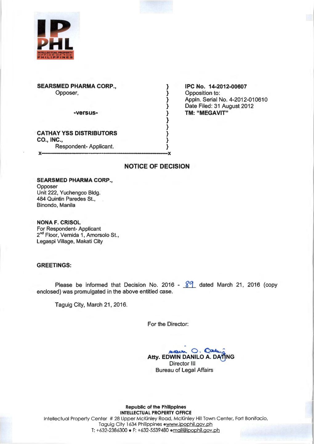 SEARSMED PHARMA CORP. Vs. CATHAY YSS DISTRIBUTORS CO