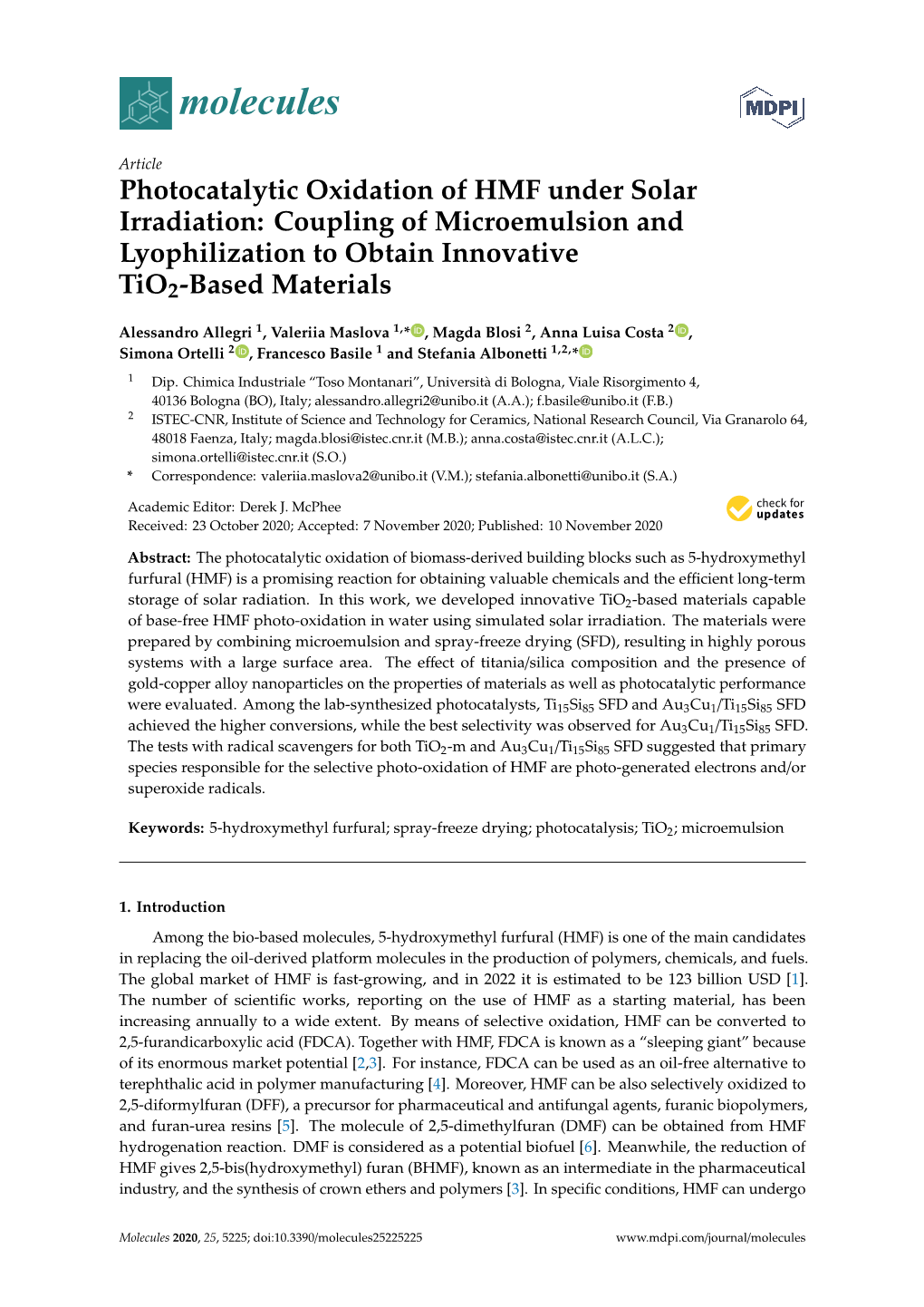 Photocatalytic Oxidation of HMF Under Solar Irradiation: Coupling of Microemulsion and Lyophilization to Obtain Innovative Tio2-Based Materials