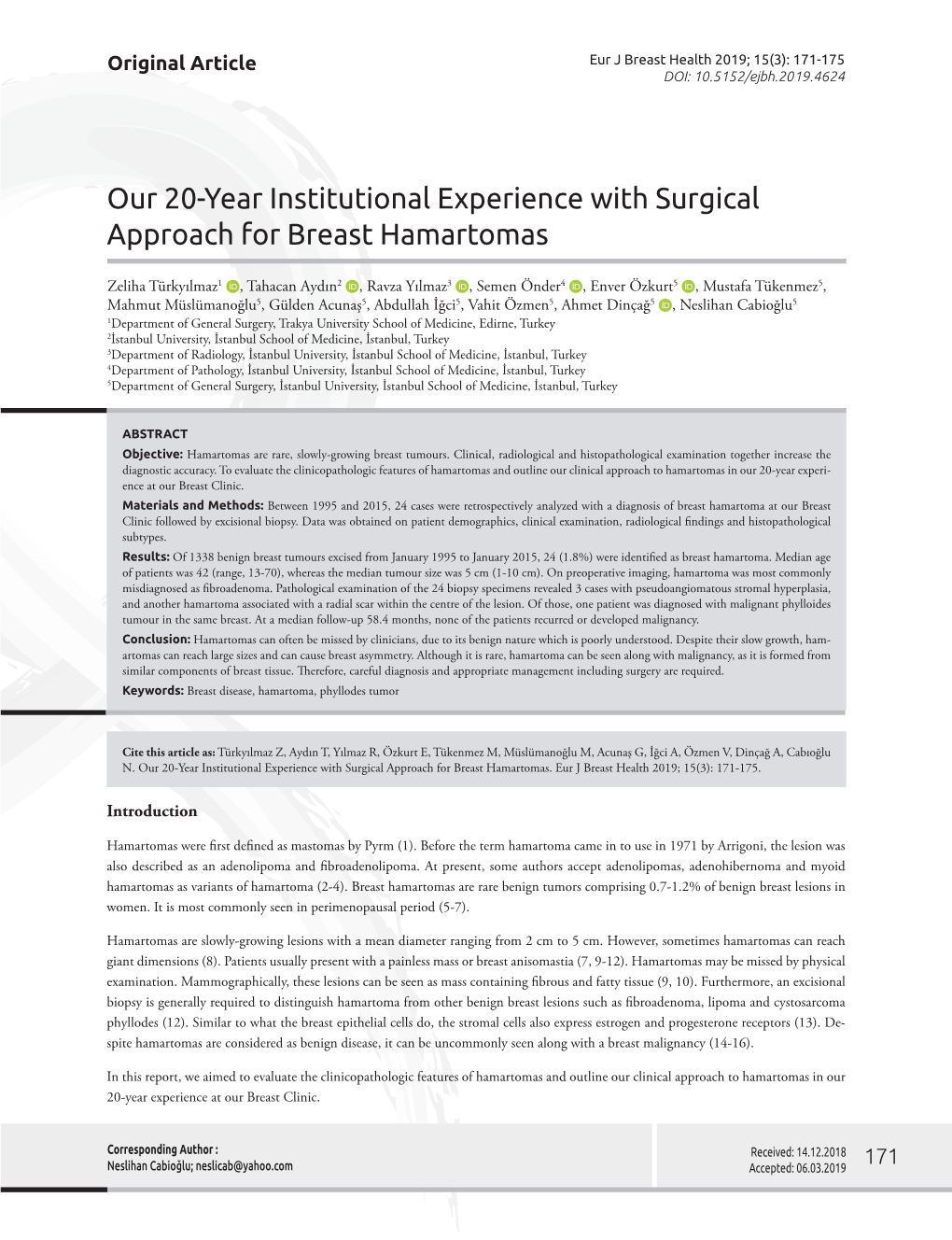 Our 20-Year Institutional Experience with Surgical Approach for Breast Hamartomas