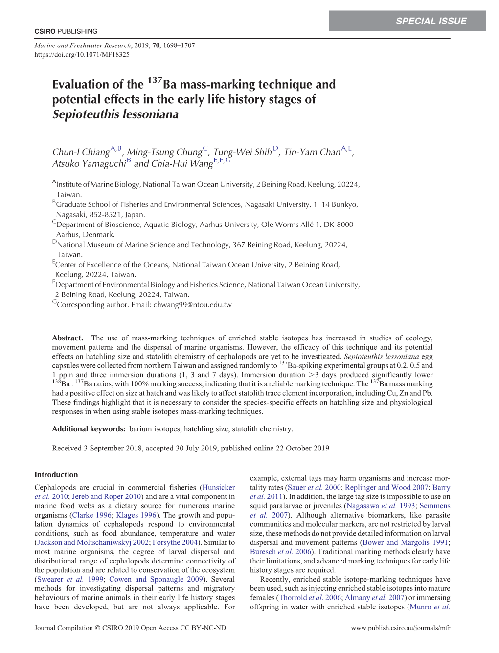 Evaluation of the 137Ba Mass-Marking Technique and Potential Effects in the Early Life History Stages of Sepioteuthis Lessoniana