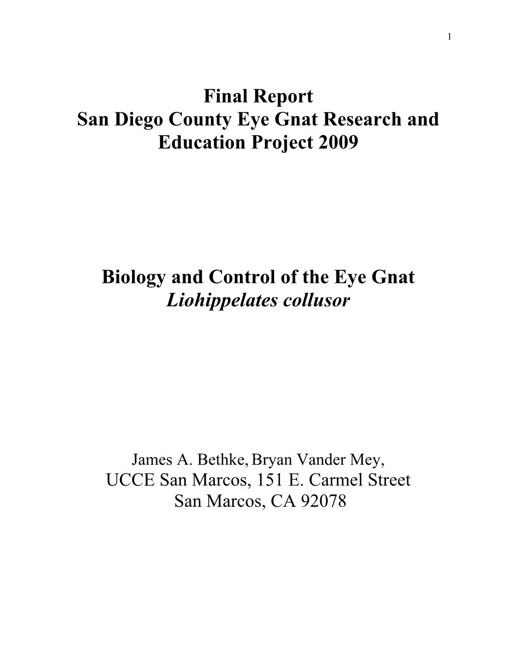 Final Report San Diego County Eye Gnat Research and Education Project 2009