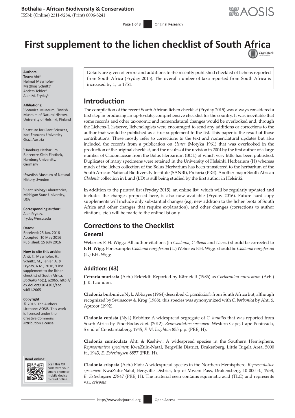 First Supplement to the Lichen Checklist of South Africa