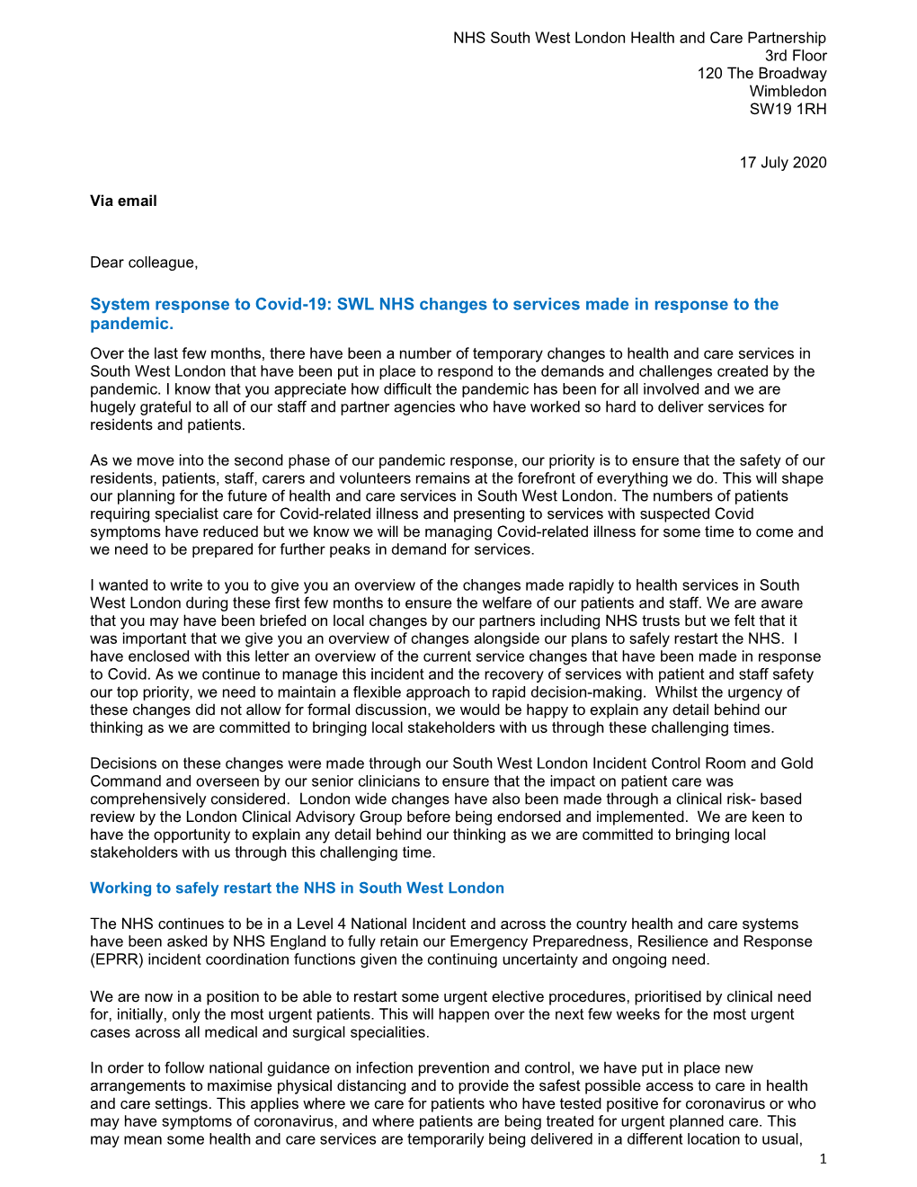 System Response to Covid-19: SWL NHS Changes to Services Made in Response to the Pandemic