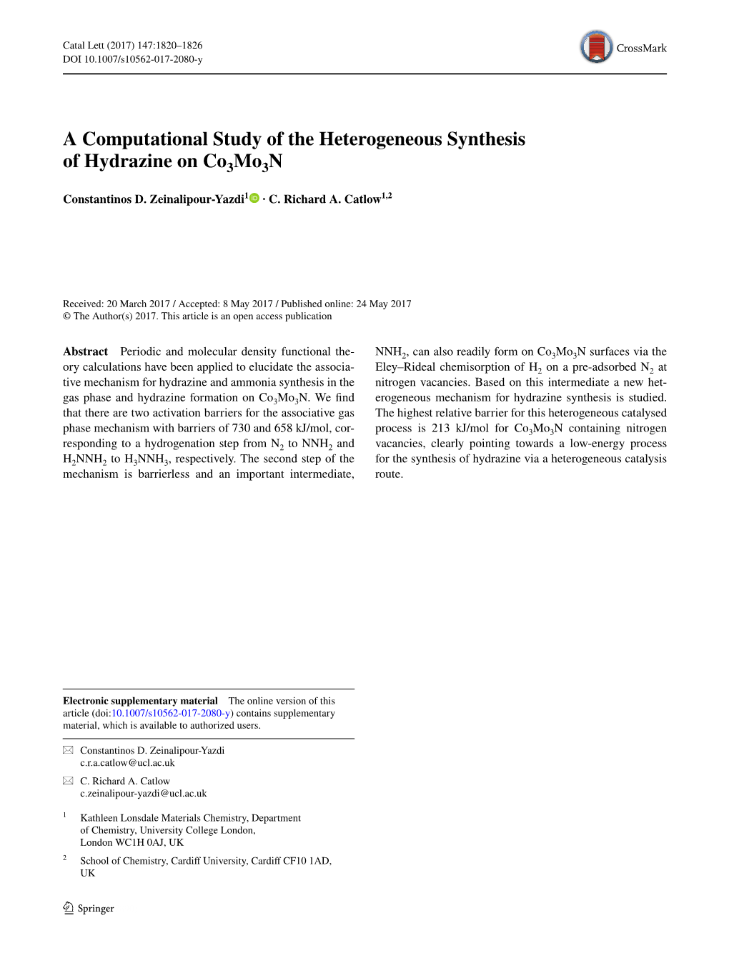 A Computational Study of the Heterogeneous Synthesis of Hydrazine on ­Co3mo3n