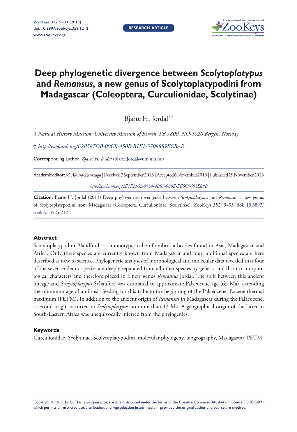 Deep Phylogenetic Divergence Between Scolytoplatypus and Remansus, a New Genus of Scolytoplatypodini from Madagascar (Coleoptera, Curculionidae, Scolytinae)