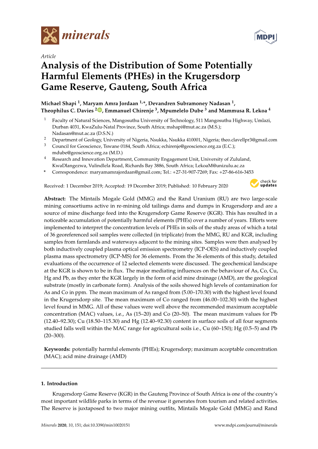 Analysis of the Distribution of Some Potentially Harmful Elements (Phes) in the Krugersdorp Game Reserve, Gauteng, South Africa