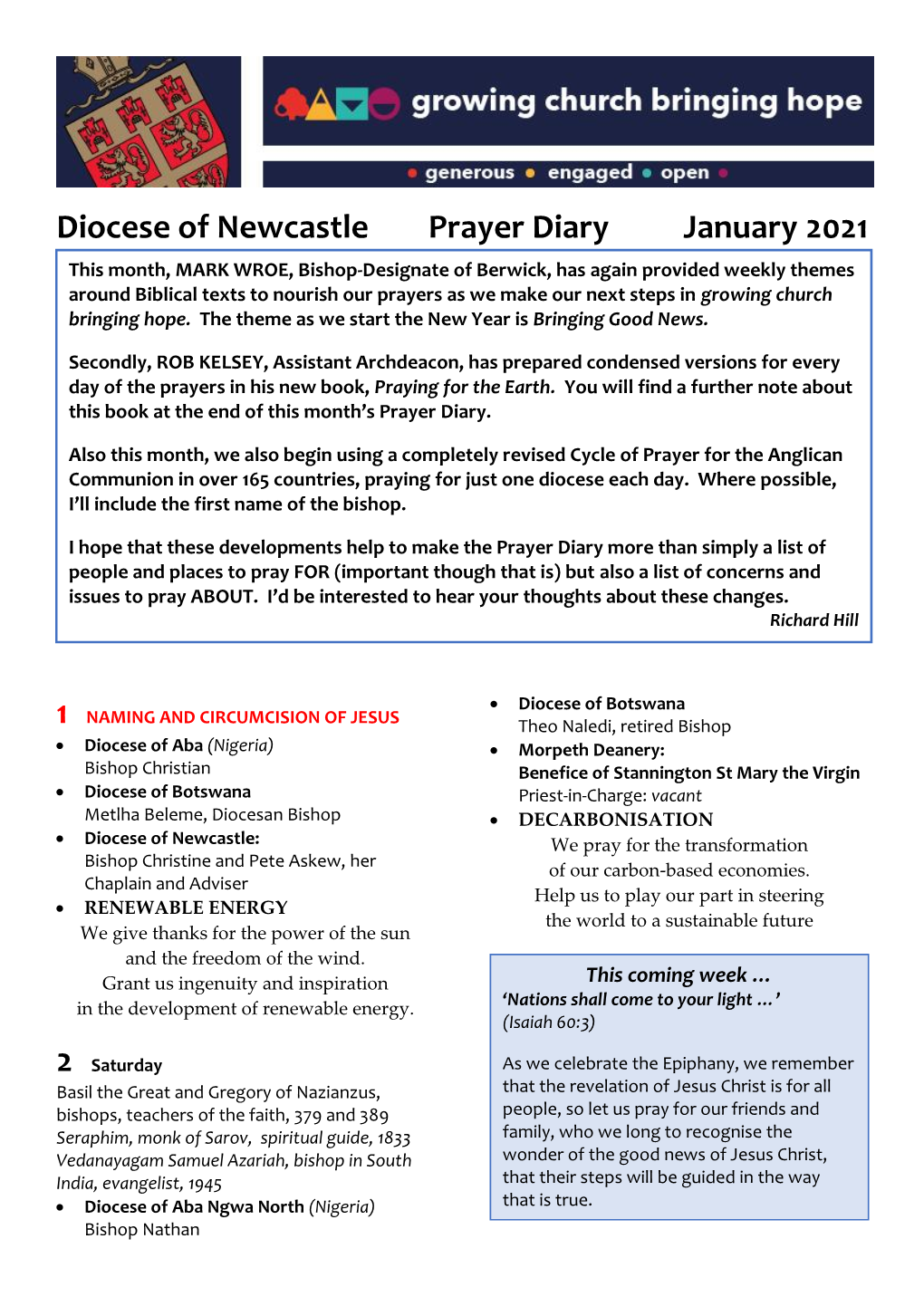 Diocese of Newcastle Prayer Diary January 2021