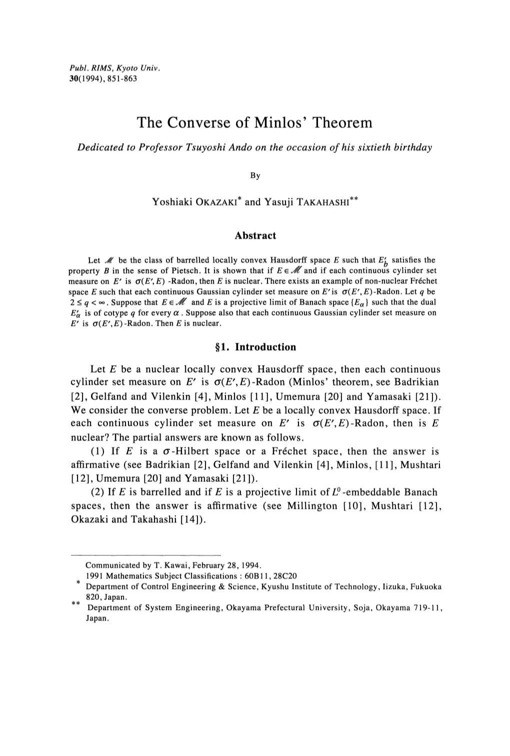 The Converse of Minlos' Theorem Dedicated to Professor Tsuyoshi Ando on the Occasion of His Sixtieth Birthday