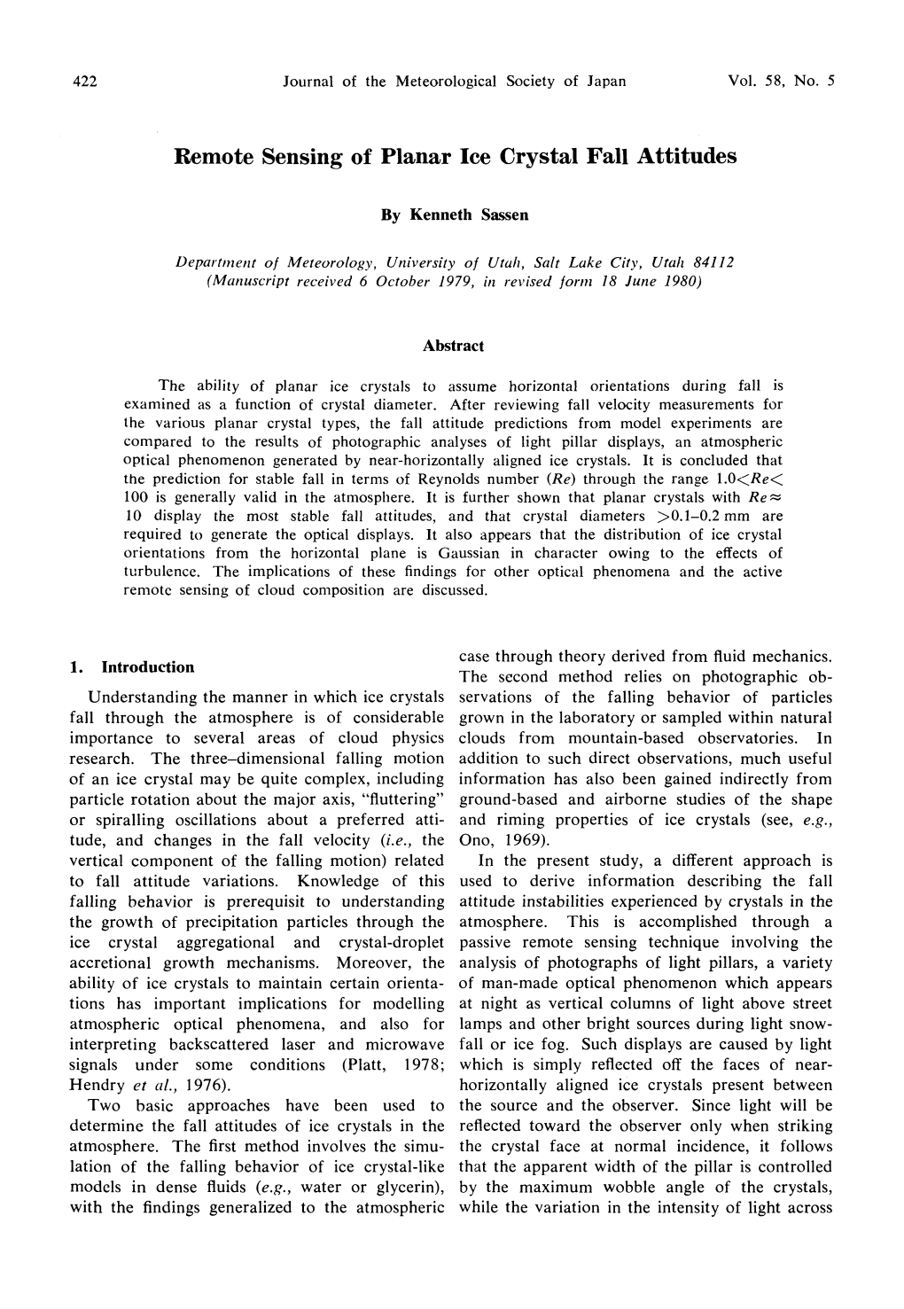 Remote Sensing of Planar Ice Crystal Fall Attitudes by Kenneth Sassen Department of Meteorology, University O F Utah, Salt Lake