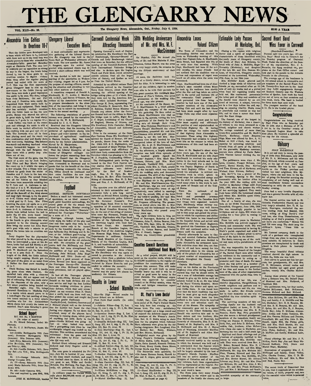 Itlexandria Trim Celtics in Overtime 10-/ Glengarry Liberal Executive Meets Cornwall Caalennial Week Atiractiag Ihousands 50Th