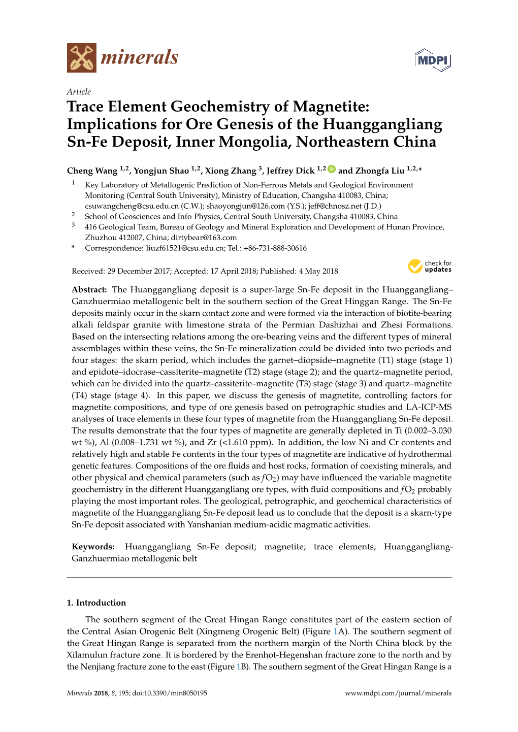 Implications for Ore Genesis of the Huanggangliang Sn-Fe Deposit, Inner Mongolia, Northeastern China