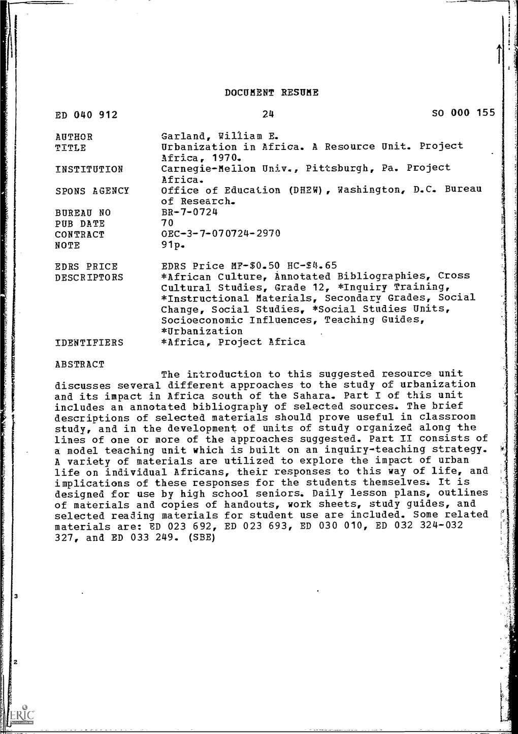 Urbanization in Africa. a Resource Unit. Project Africa, 1970. INSTITUTION Carnegie - Mellon Univ., Pittsburgh, Pa