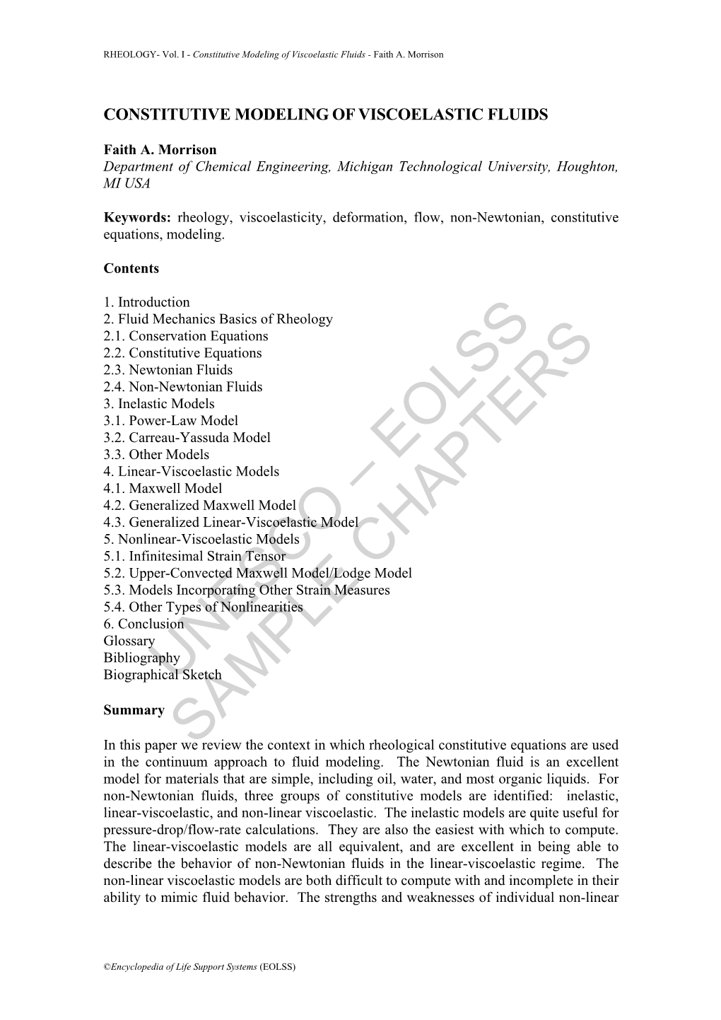 Constitutive Modeling of Viscoelastic Fluids - Faith A